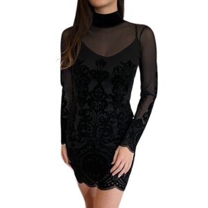 Missguided Mesh Bodycon high mock neck Dress With slip Black Sz 2